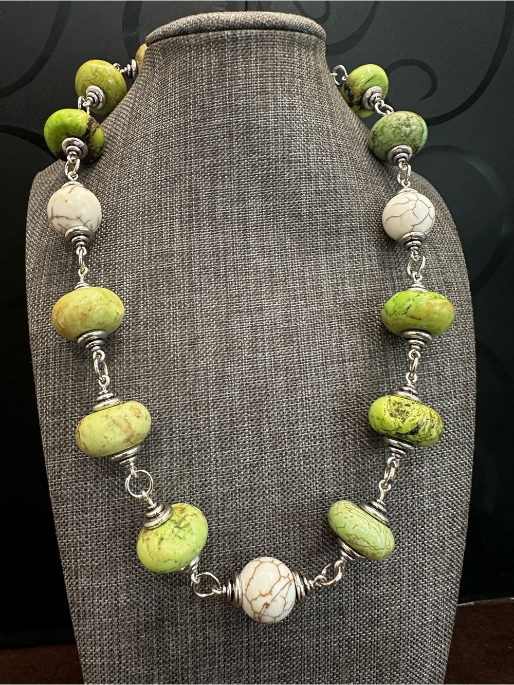 Handmade Statment  Necklace with Green Jasper and Silver Links .